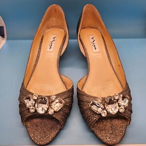 VTG Nina New York Emiko Silver Sparkle Rhinestone Open Toe Wedge Heels Sz 9M 39‎